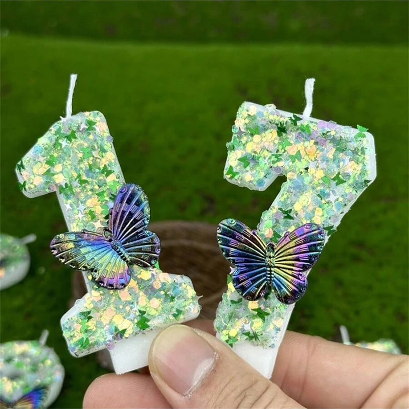 1Pc Green Sequins Number 0-9 Butterfly Cake Candles Birthday Party Decoration Favors Cupcake Topper Cake Decor Supplies