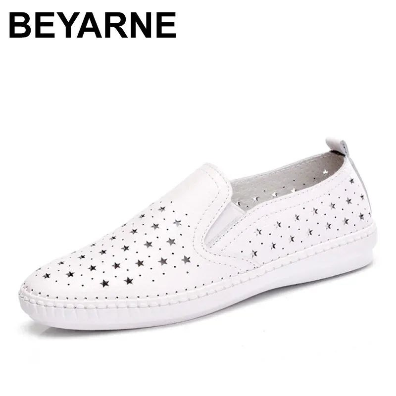 BEYARNE New Summer Women\'s Shoes Genuine Leather Flats Shoes Female Casual Flat Woman Loafers Leather Black Flat