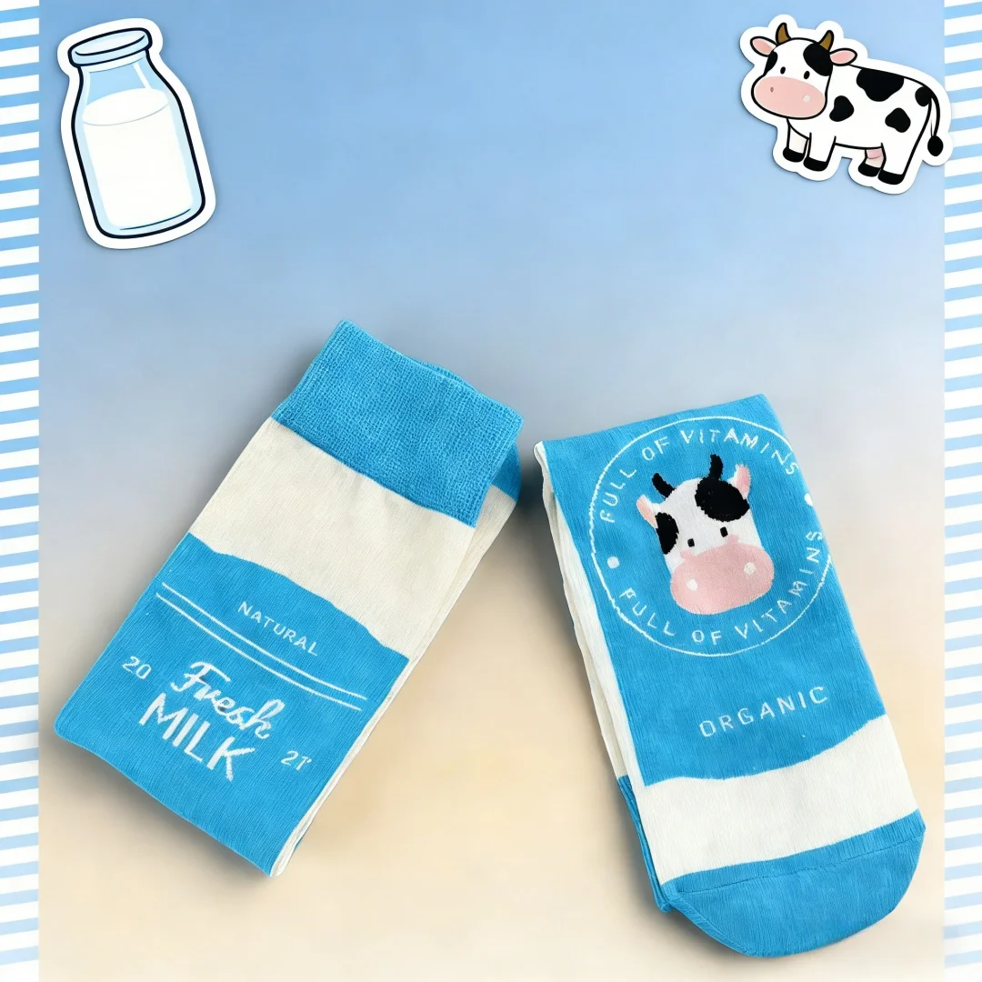 1 pair Cute Cow Cartoon Mid-Calf Socks - Blue & White Contrast Fresh Milk Element Socks