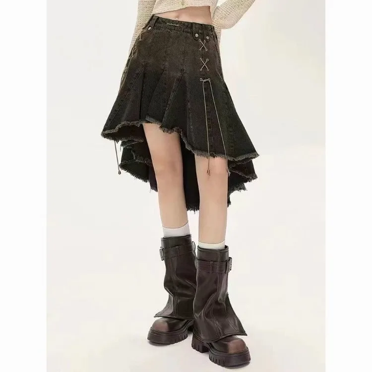 

Irregular Ruched Tassel Denim Skirt For Women American Vintage High Wasit Skirts 2024 Summer New All-match Faldas Mujer
