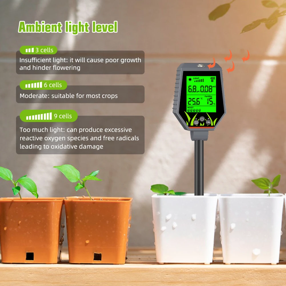 Digital 6 in 1 Multifunctional Soil PH EC Meter Farm Garden Fertility Moisture Test Detector Sunlight Monitor for Flower Plants