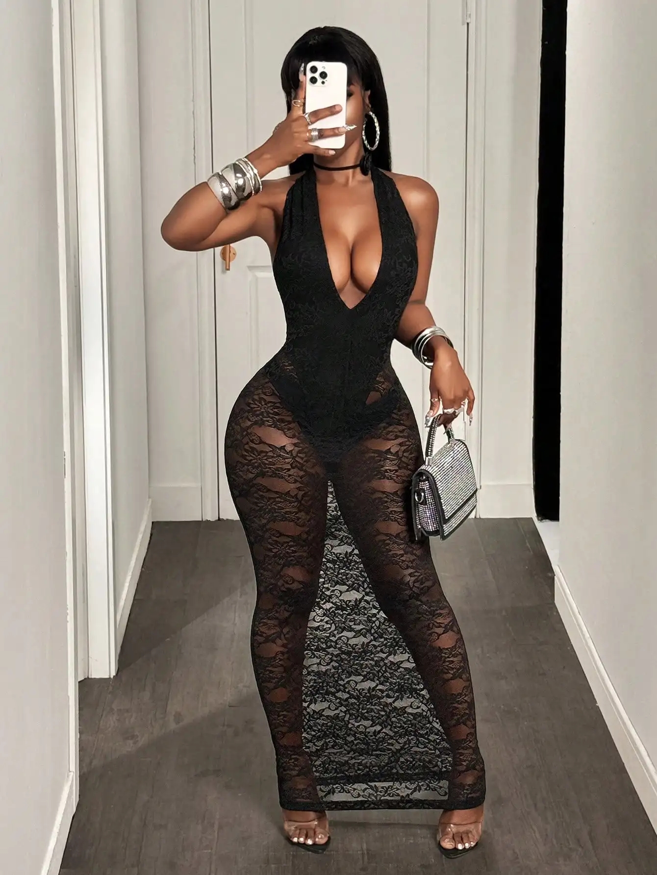 

Black Lace Deep V Halter Neck Sleeveless Bodycon Dress for Night Out