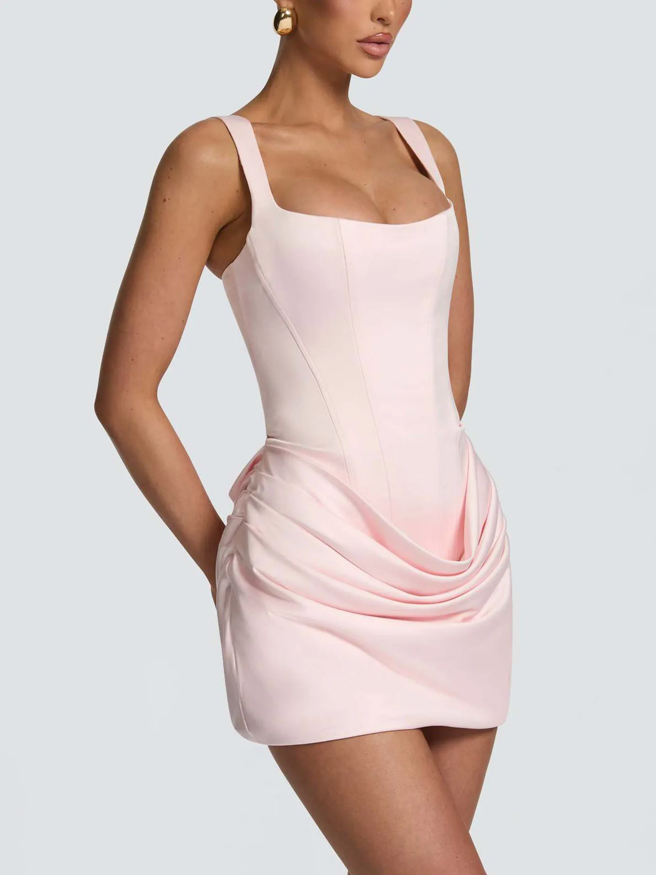 Frühling und Sommer Neuer ärmelloser Rock mit quadratischem Ausschnitt, hoher Taille, Riemchen, schmaler Passform, elegantem Plissee und Hüftbetonung für Damen – Detail 5