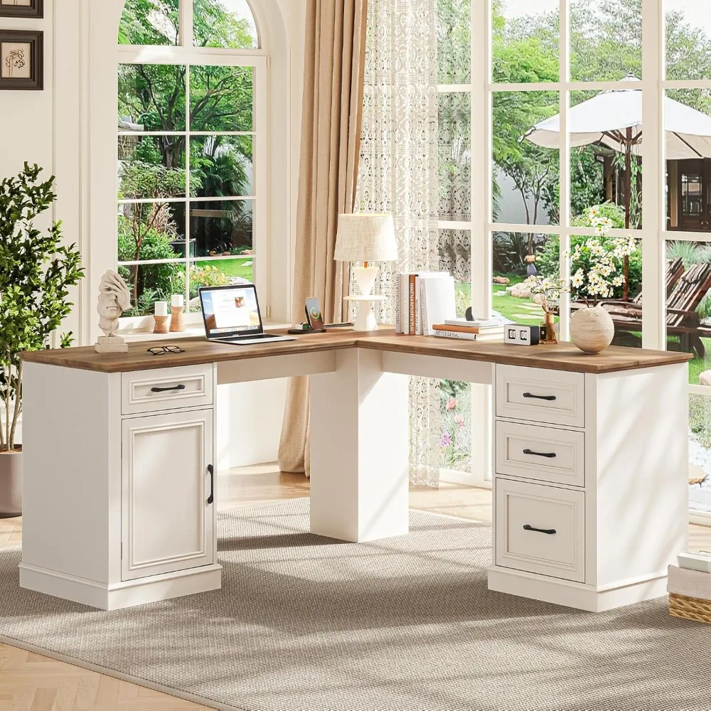 

59" L-Shaped Executive Desk with Drawers, Wood Home Office Corner Desk with Charging Station, Rustic Computer Writing Desk