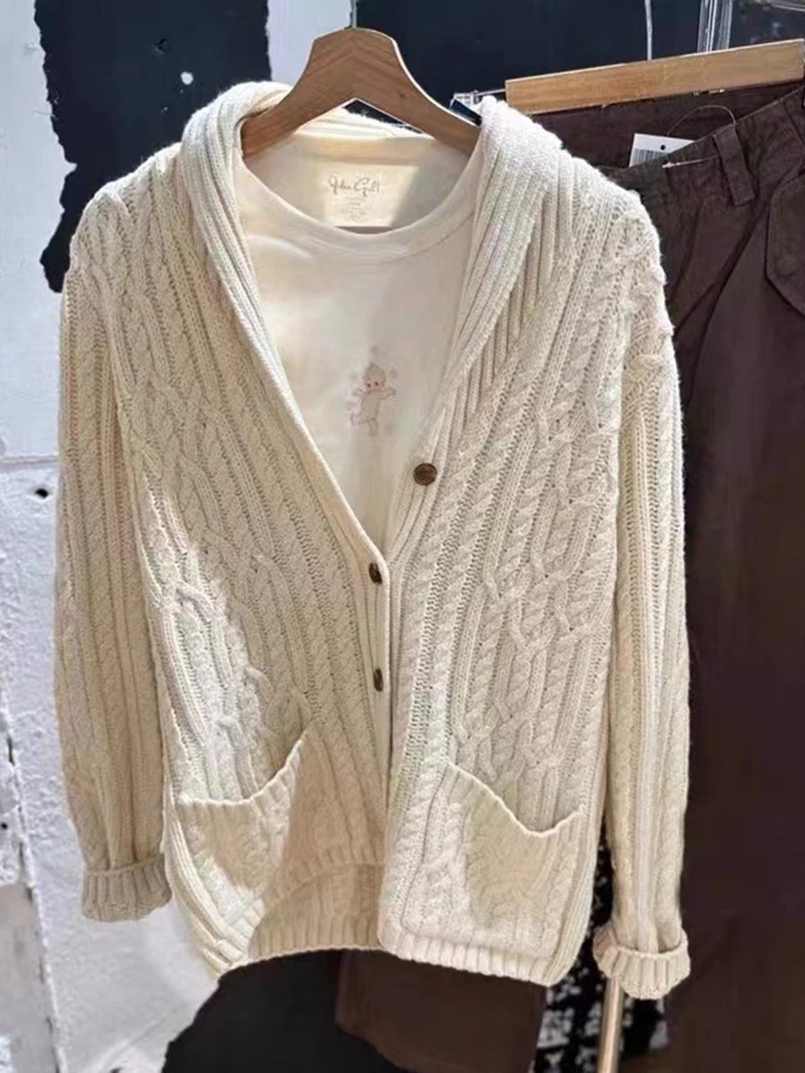 Winter New Twisted Pocket Cardigan Sweater Women Single Breasted Long Sleeve Jumper Casual Vintage Preppy Style Knit Outerwear