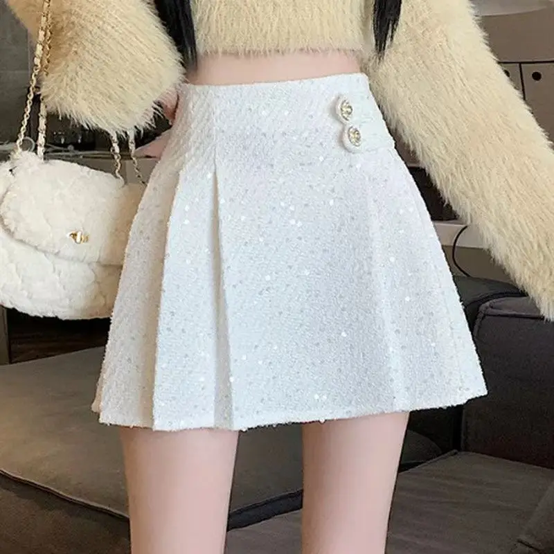 

Korean sequin short skirt for women in autumn and winter, A-line pleated skirt, high waisted skirt