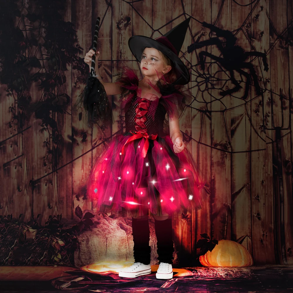 New Halloween Carnival Party Girls Witch Costume Luminous LED Lights Tulle Tutu Dress Masquerade Vampire Devil Winifred Dress Up