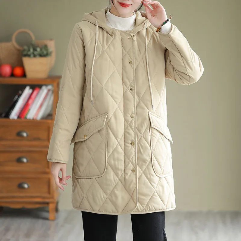 Women\'s Diamond Check Down Cotton Coat, Loose Casual Hooded Parka, Female Long Outerwear, Warm Padded Jacket, Autumn, Winter, Ne