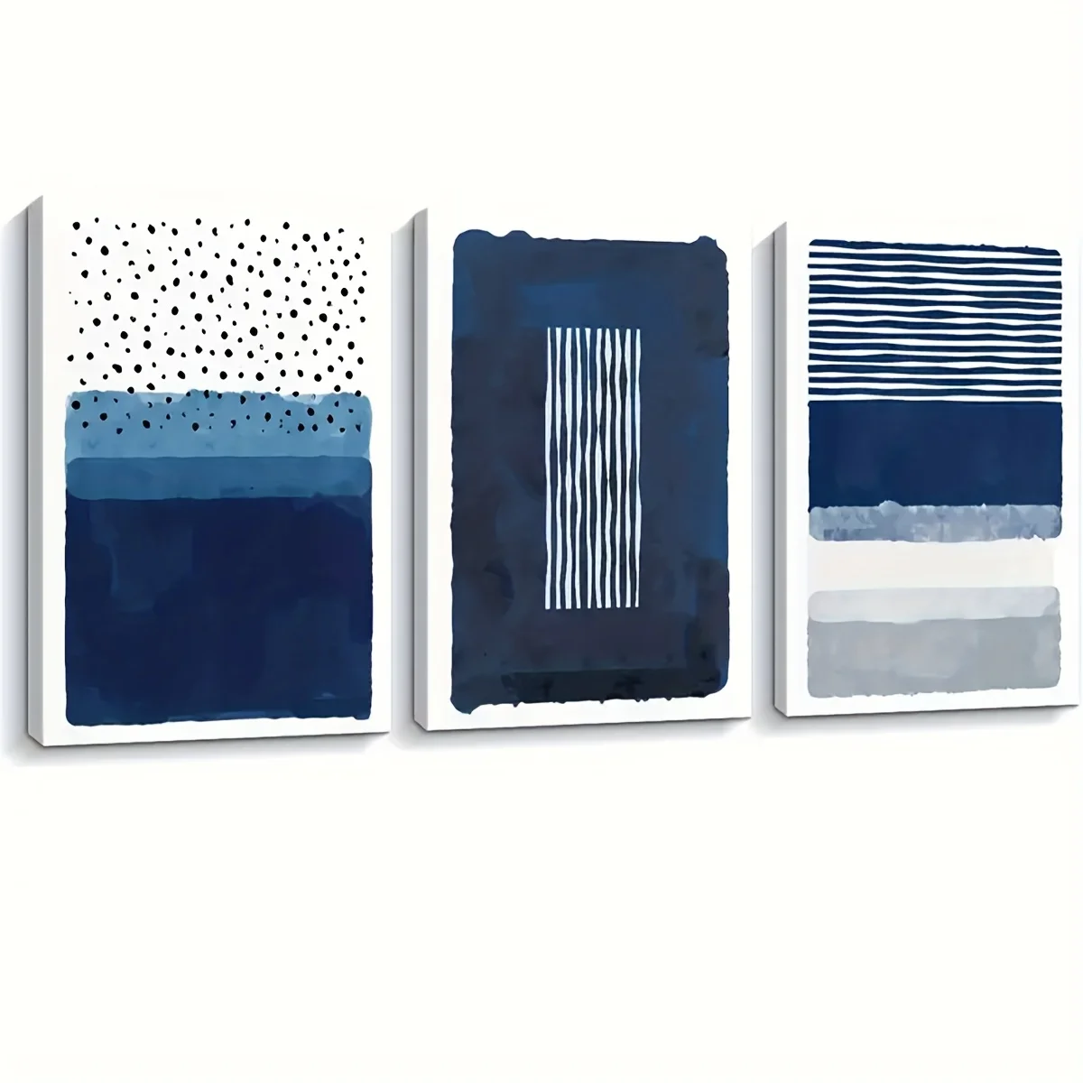 Pintura abstracta en blanco y azul, obra de arte enmarcada, decoración de pared azul marino, póster de lienzo plano 2D, imagen sin marco, 3 uds.