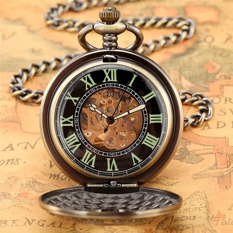 Steampunk Pocket Watch Lot Men Women Automatic Mechanical Clock Skeleton FOB Chain Roman Number Luminous Hands Half Hunter Gift