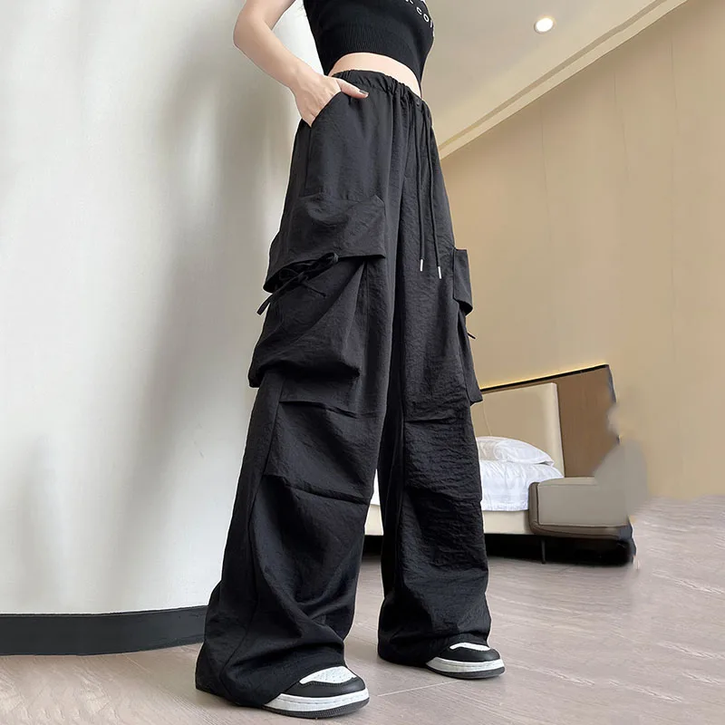 Y2K Cargo Pants for Women High Waist Streetwear Hip Hop Wide Leg Trousers Female Vintage Low Waist Drawstring Baggy Sweatpants