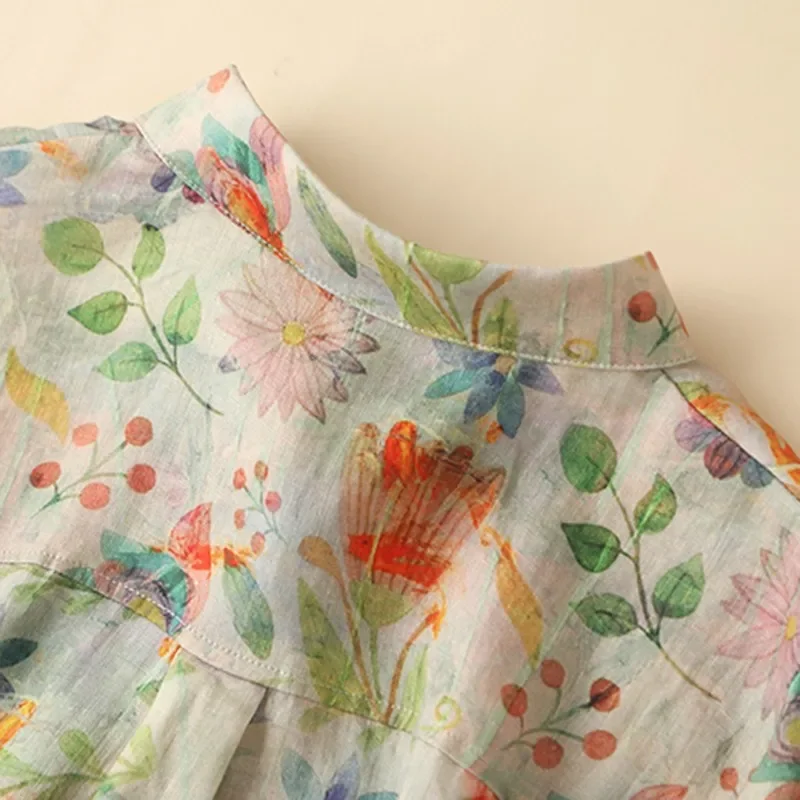 Women Long Sleeve Casual Shirts New Arrival Autumn& Spring Arts Style Vintage Floral Print Loose Ladies Cotton Linen Tops