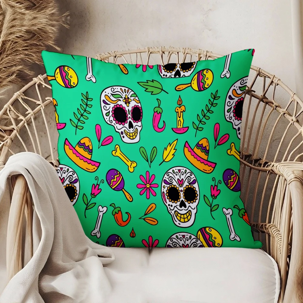 Square Throw Pillow Case Green Mexican Sugar Skull Maracas Sombrero Chili Pepper Bone Print For Sofa Chair Bedroom Living Room H