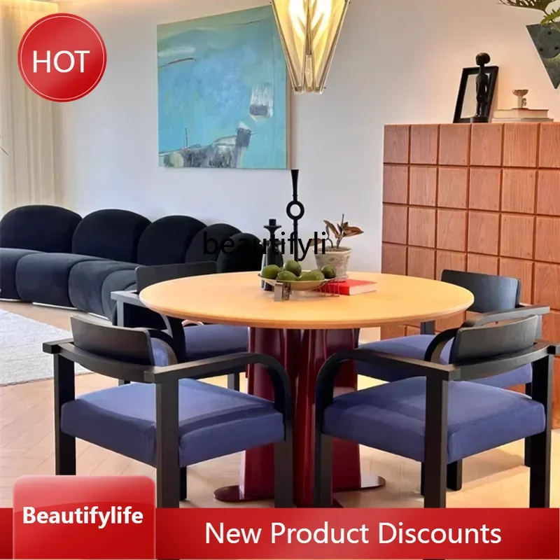 

J46 Light luxury round dining table minimalist creative dining table antique red solid wood dining table