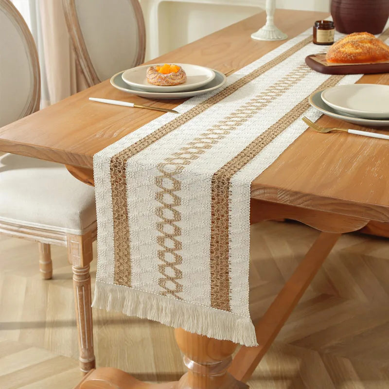 Home Decor Long Farmhouse Rustic Table Runner Cream Brown Macrame with Tassels Decor Rustic Bridal Shower (13x72 Inches)