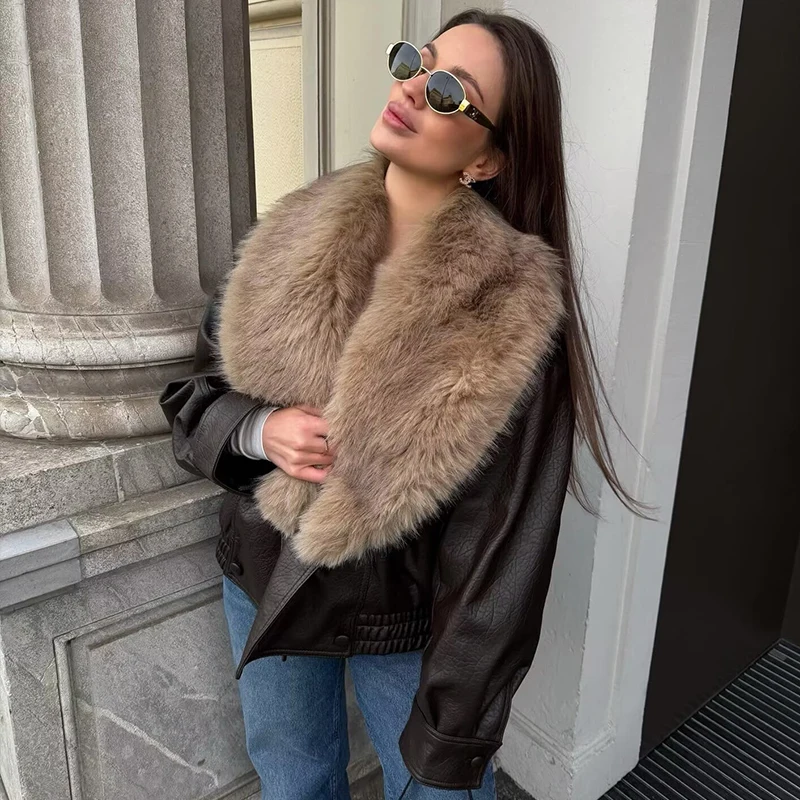 

Женская куртка 2025, новая модная осенне-зимняя коричневая кожаная куртка со съемным воротником из искусственного меха, повседневное шикарное женское пальто