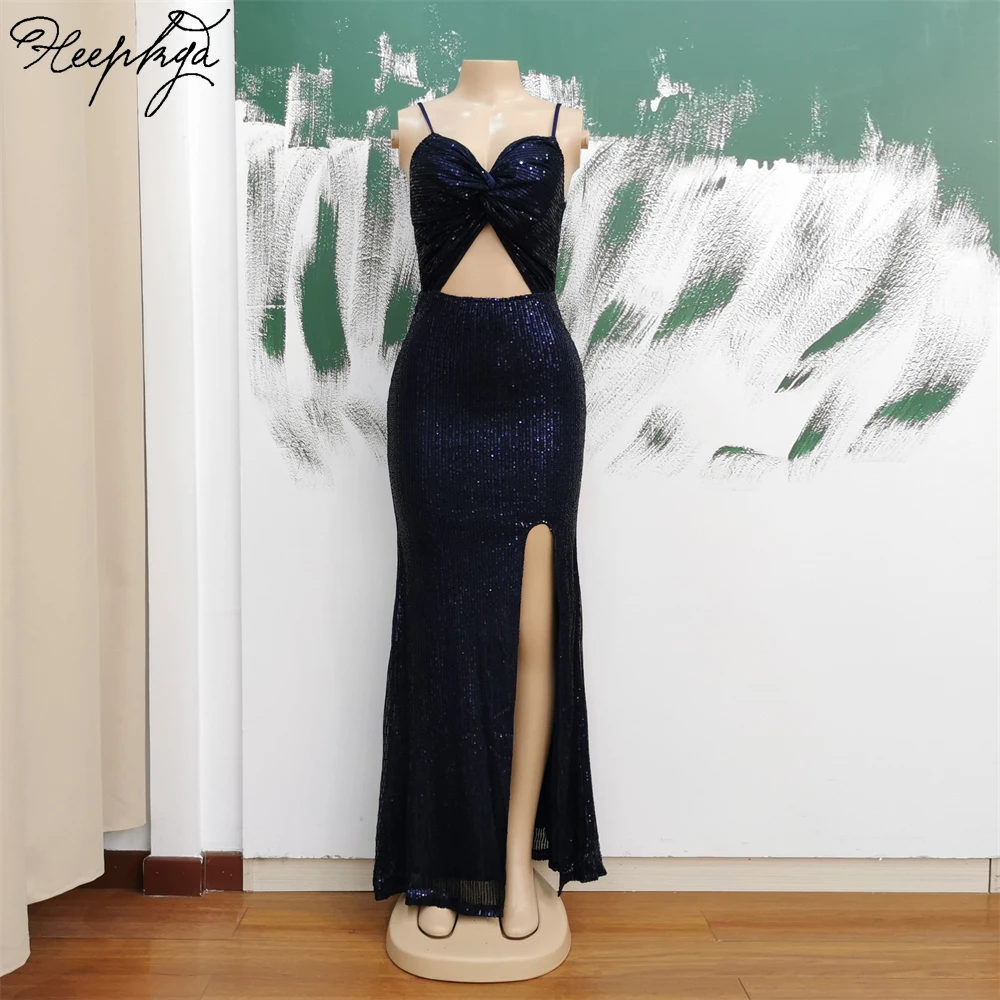 New Design Navy Mermaid Long Dress Evening Sweetheart Side Split Elastic Sequin Special Occasion Women Gowns Robe De Soiree