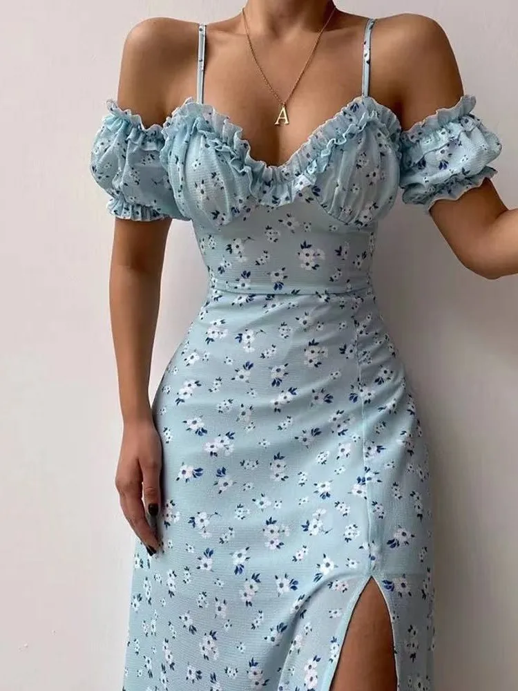 

New Summer Dress Elegant Casual Printed Off Shoulder Split Dress Women Short Sleeve Slim Dresses For Club Party Holiday Vestidos