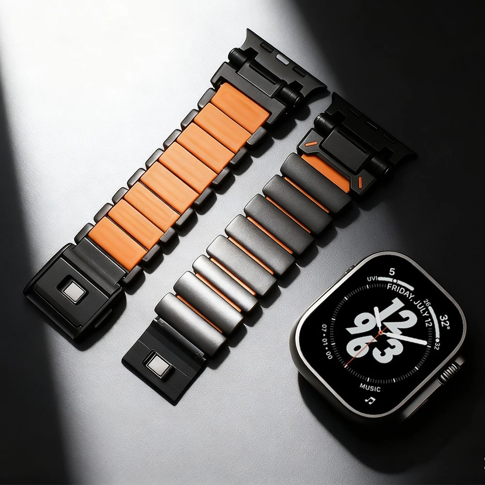 

Резиновый титановый браслет для Apple Watch Ultra 3 серии 11 10 9 8 7 6 5 SE Роскошный мужской ремешок для iWatch 49 мм 46 мм 45 мм 44 мм ремни