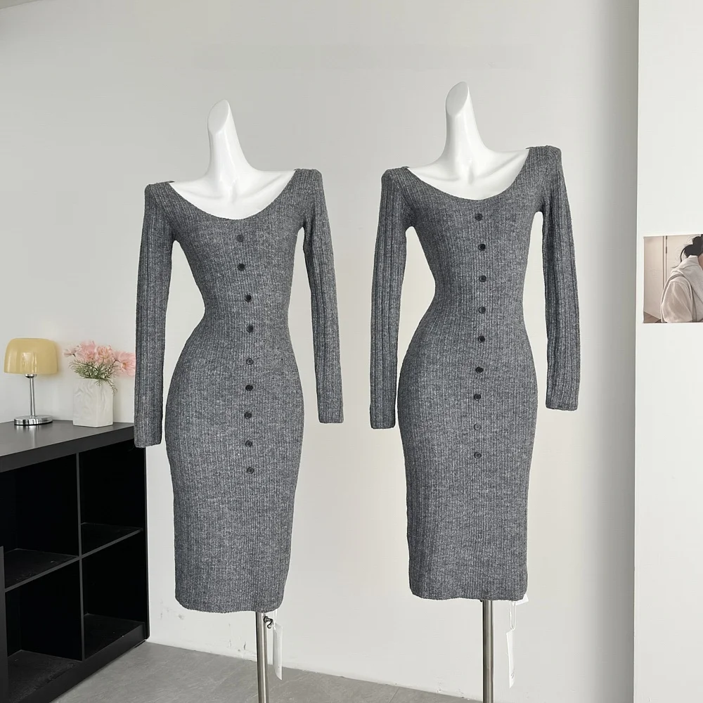 

Элегантное трикотажное платье с длинным рукавом, приталенное, с U-образным вырезом, из смесовой ткани (полиэстер, акрил, спандекс), тонкое, без застежек