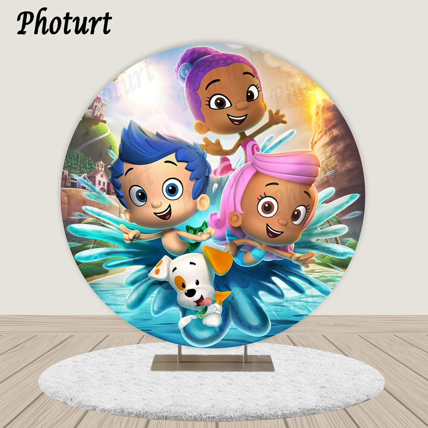 

PHOTURT Round Bubble Guppies Backdrop Baby Shower Birthday Party Photo Background Under Sea Vinyl Photography Decoration Props