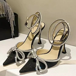 Summer Exaggerated Big bow-knot Satin Luxury Sparkling Rhinestone Women's Sandals Banquet Party Wedding High Heels