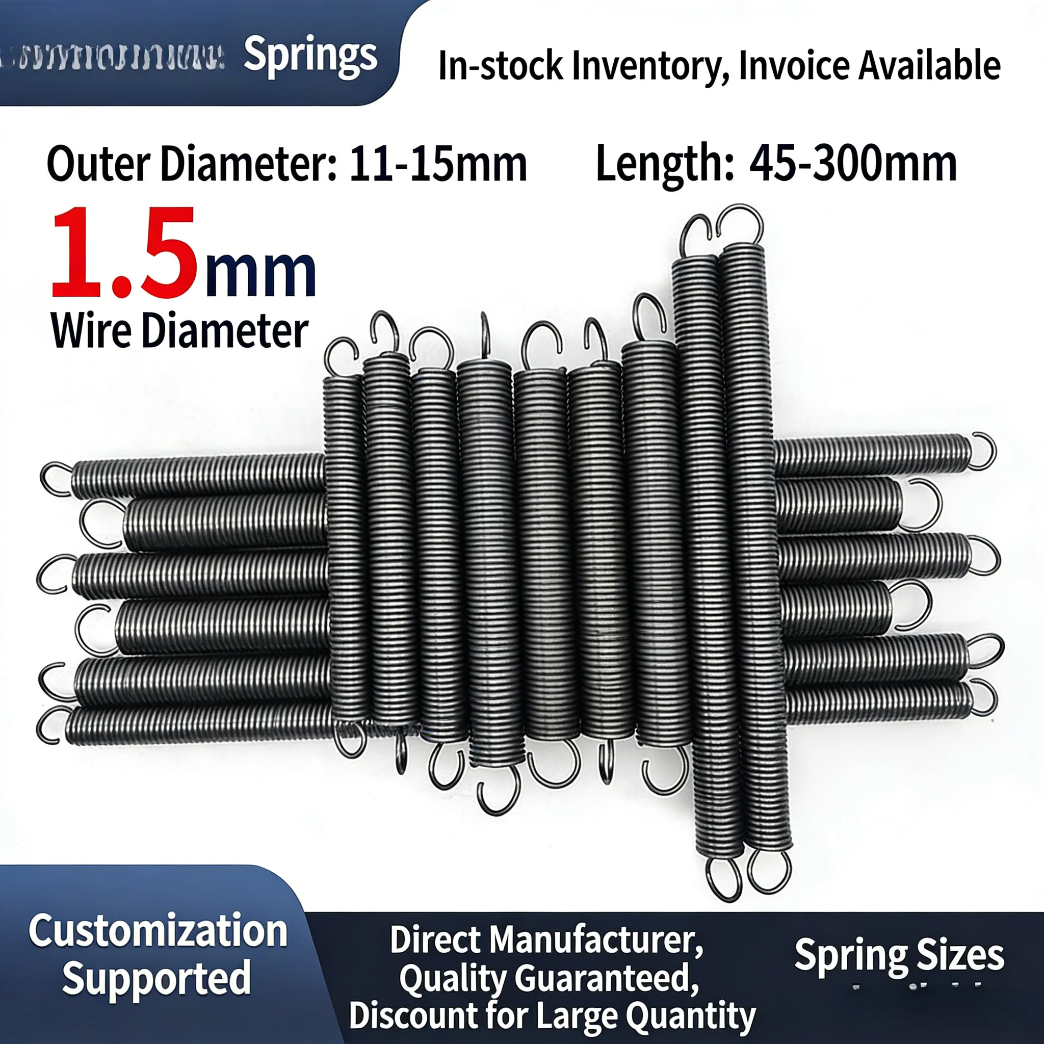 

Пружина растяжения с открытыми крюками, диаметр проволоки 1,5 мм, с O-образным крюком, стальная, внешний диаметр 11-15 мм