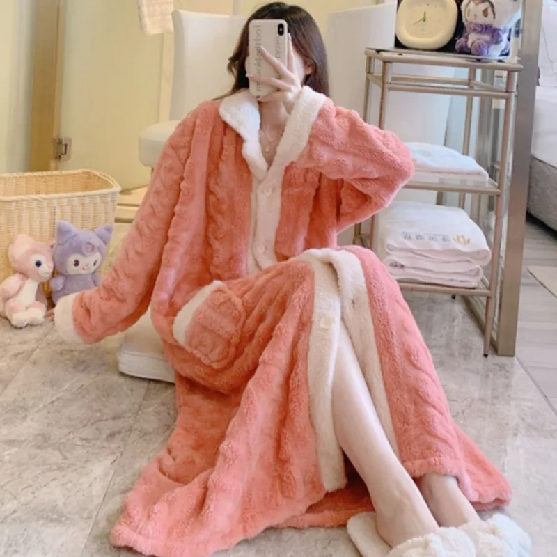 Winter Fashion Women Bathrobe Flannel Thicken Plush Long Sleeve Bathrobe Sleepwear Warm Nightgown Christmas Gift For Women