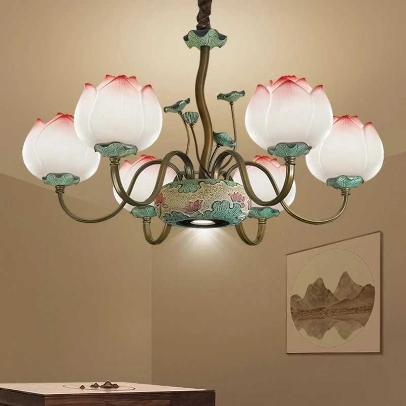 

Retro Iron Art Lotus Shape Pendent Lamp LED Living Room Restaurant Bedroom Study Villa Hotel Tearoom Chandeliers Home Decoration