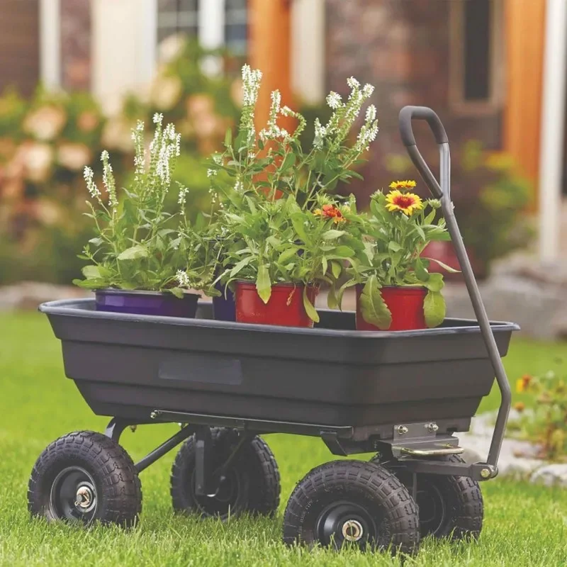 Carrello con cassone ribaltabile da giardino in polietilene con telaio in acciaio facile da montare, carro da spiaggia da campeggio con sistema a