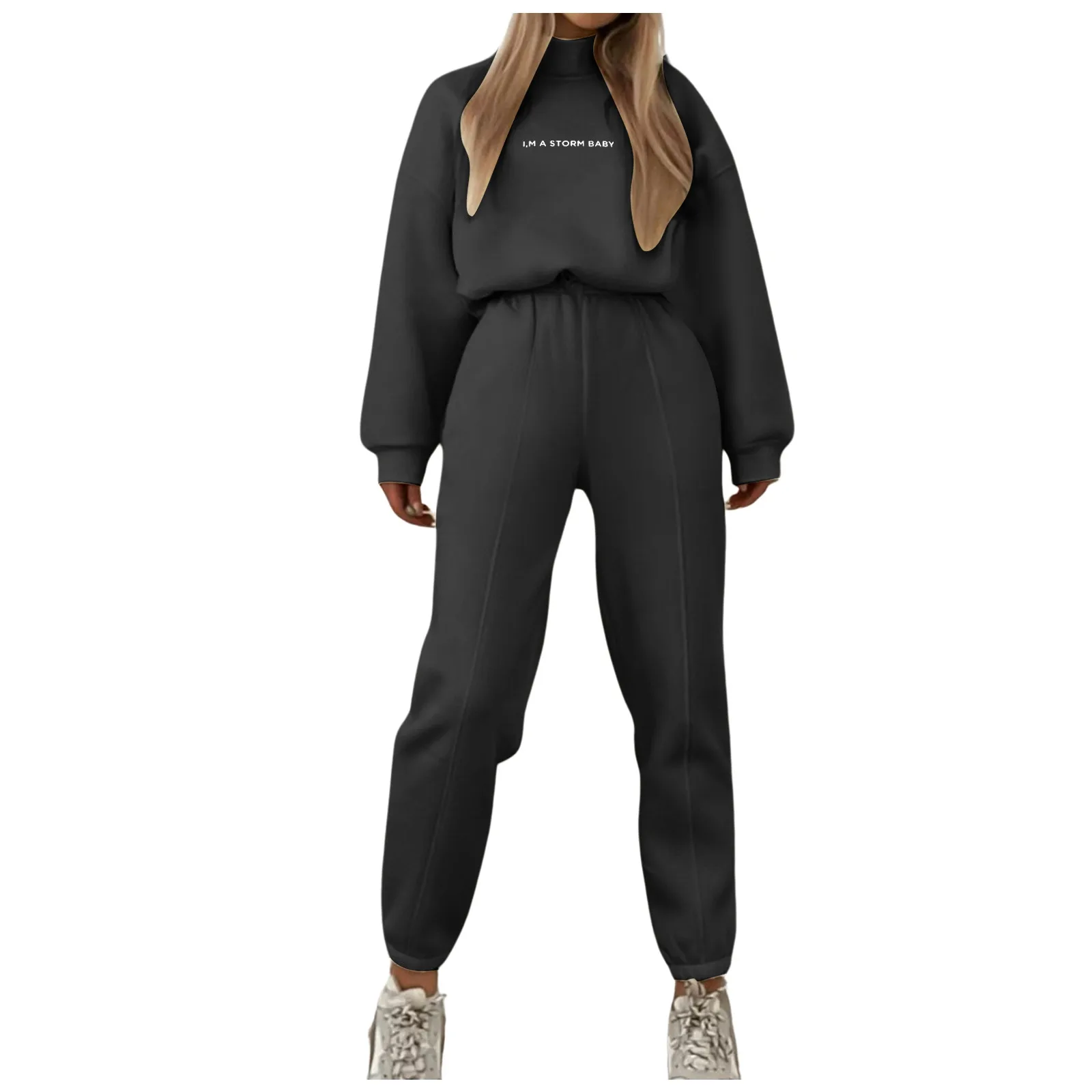 

Женский спортивный костюм из 2 предметов, Свободный свитшот с длинным рукавом и высоким воротником, штаны-джоггеры с высокой талией и надписью, осень 2024