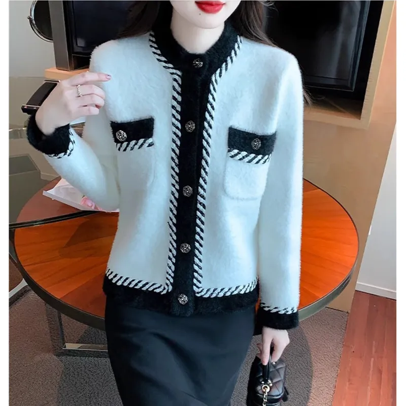 Vintage Elegant Knitted Coat Cardigan Sweater For Women 2024 Autumn Winter Long Sleeve V-Neck Tops Knitwear Fashion Chic Jumper