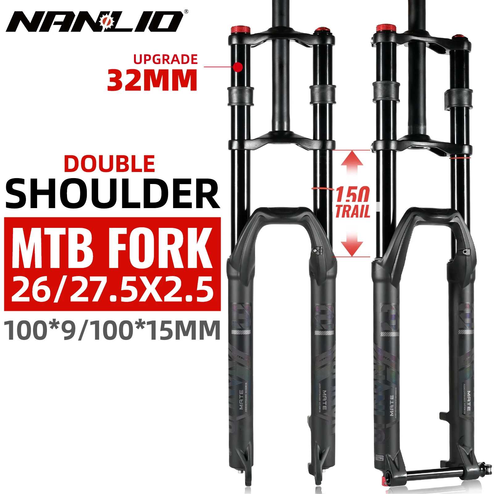 150mm Travel Air Suspension Bike Fork, NanLio Double Shoulder Snow Front Fork 27.5inch / 29*2.5 inch MTB Fork for E-bike, 15/9MM