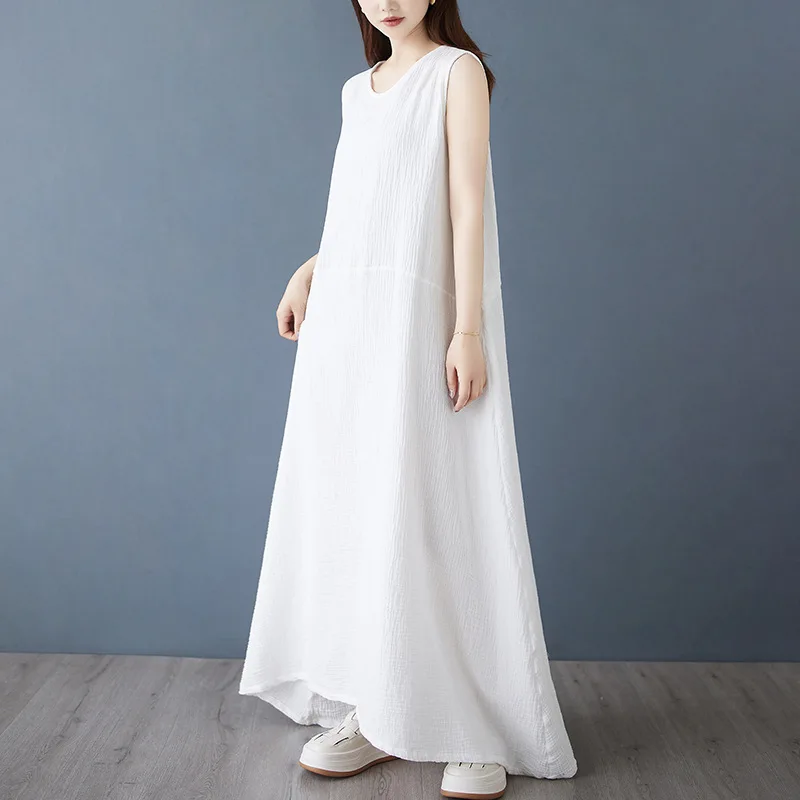 فستان أنيق بدون أكمام ورقبة على شكل V فستان صيفي طويل بحزام خلفي غير منتظم فستان ماكسي مريح فضفاض الخصر فستان الشمس