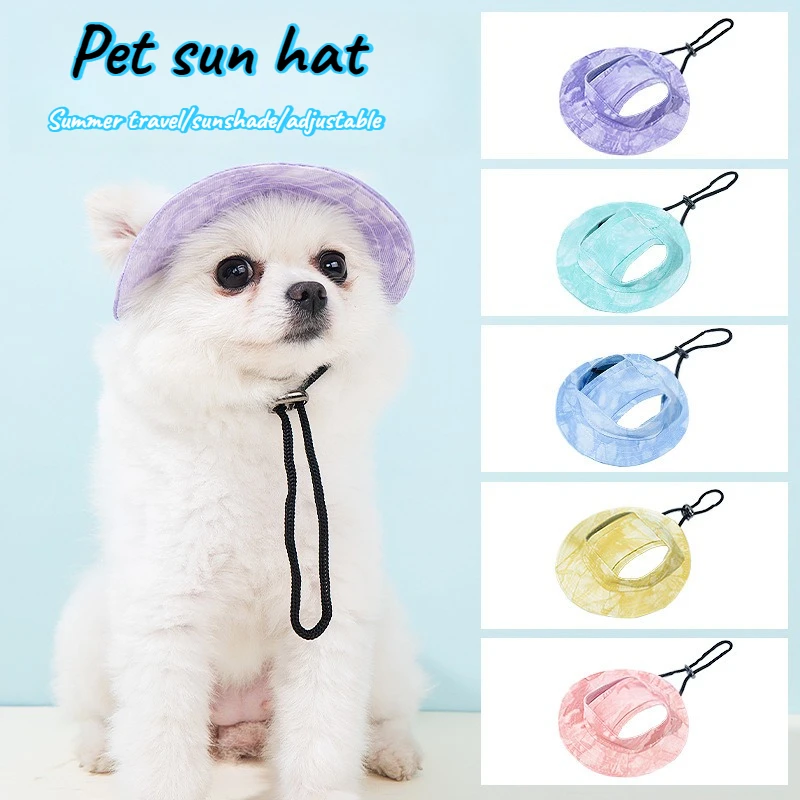 Summer Pet Sun Hat for Cat Dog with Adjustable Strap Breathable Mesh Bucket Hat for Outdoor Activity Ear-Friendly Design