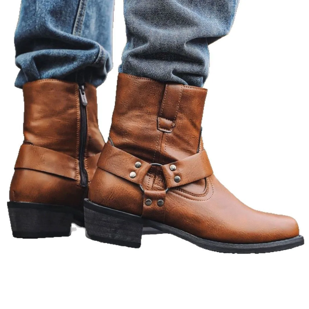 Men's Leather Boots Side Zipper Western Cowboy Boots Retro Men's Short Boots Lightweight Comfort Outdoors Boot view 5