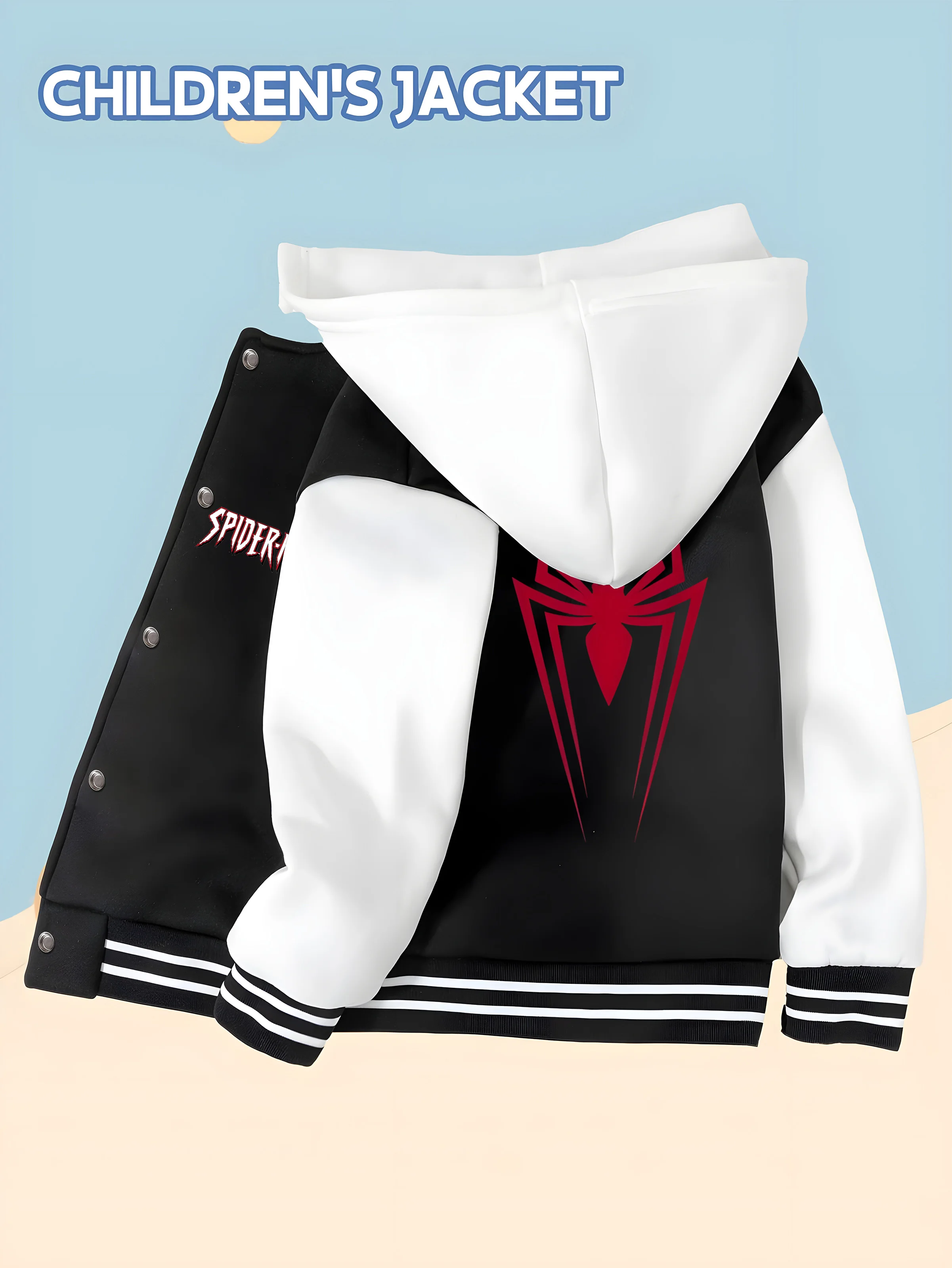 

MINISO Marvel Boys' Baseball Jacket - Spider-Man Print, Double-Sided Pattern, Comfortable Fabric, Black and White, Fashionable f