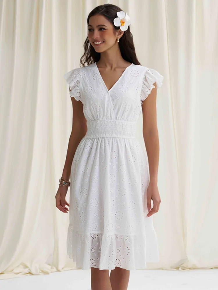 

SKMY V-Neck French Style Women Clothing Party Dress Summer High Waist Elegant Cotton Embroidered Hollow Out Dress Solid Color