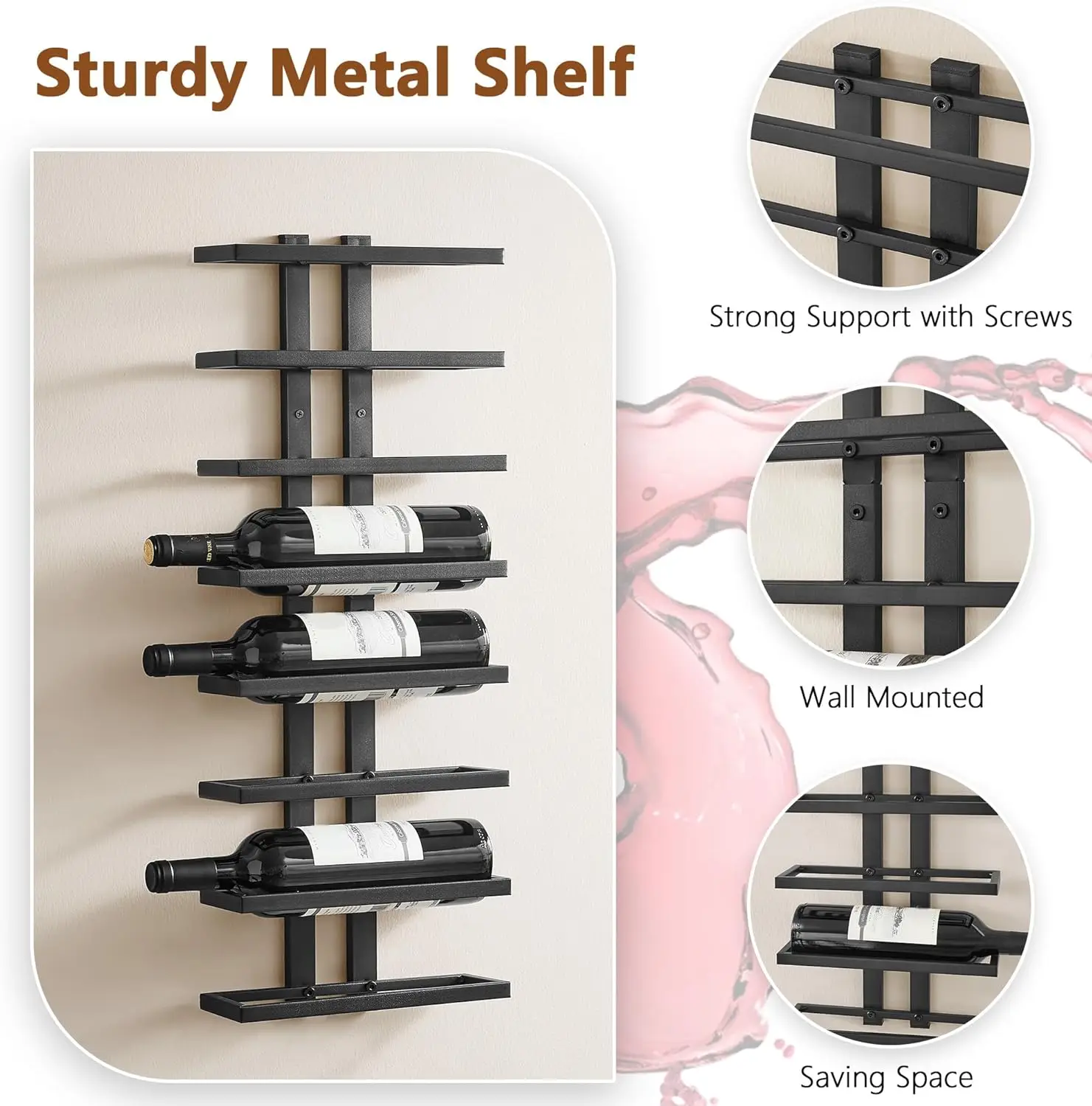 رف نبيذ مثبت على الحائط مكون من 8 طبقات (16 طبقات)، منظم زجاجات معلق لغرفة المعيشة وغرفة الطعام والبار، أسود