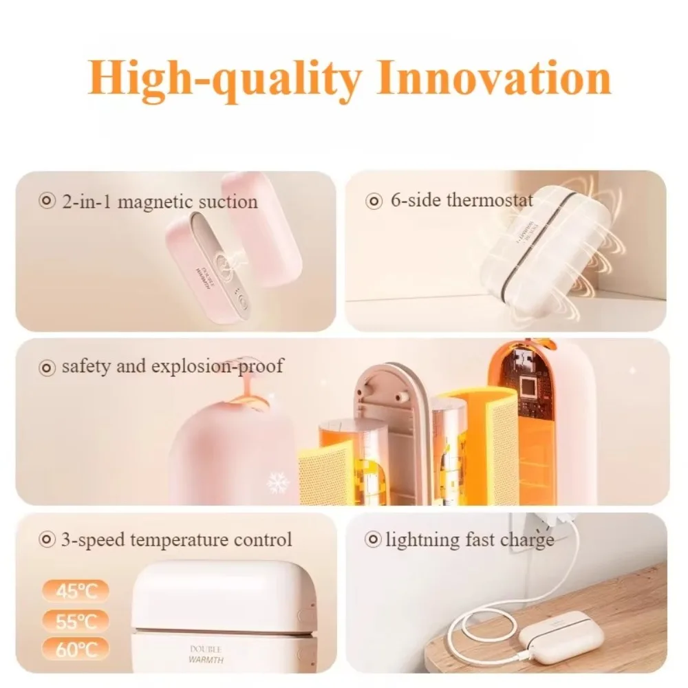 تدفئة اليد المغناطيسية القابلة لإعادة الشحن، تسخين سريع، قابل لإعادة الاستخدام، تدفئة اليد القابلة لإعادة الشحن 2 في 1، سخان يدوي محمول مغناطيسي قوي