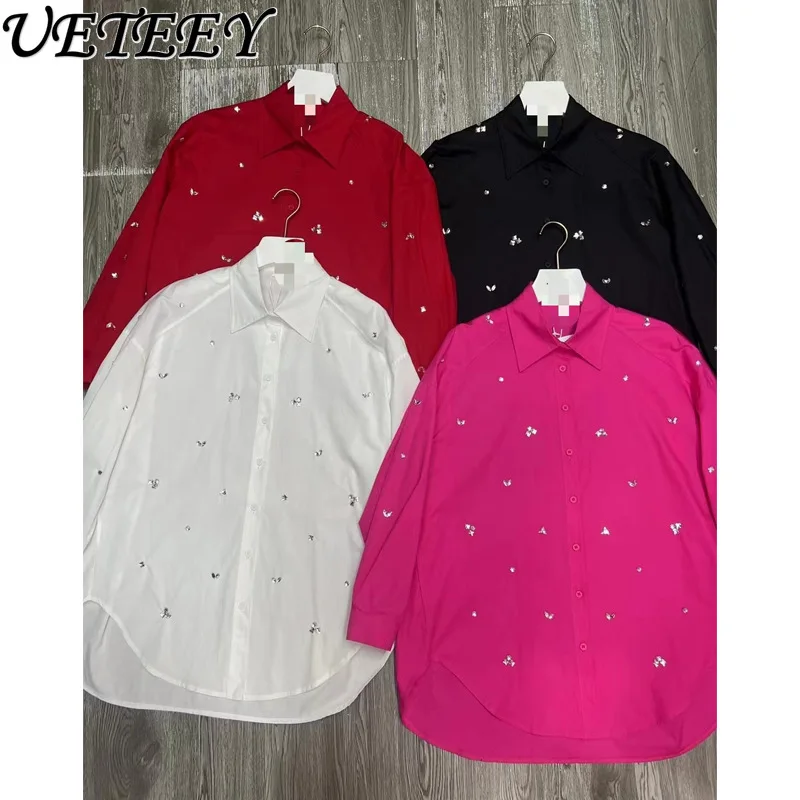 European Goods Light Luxury French Tops Heavy Industry Hand-Sewn Rhinestone Lapel Profile Long Sleeve Mid-Length Shirt for Women