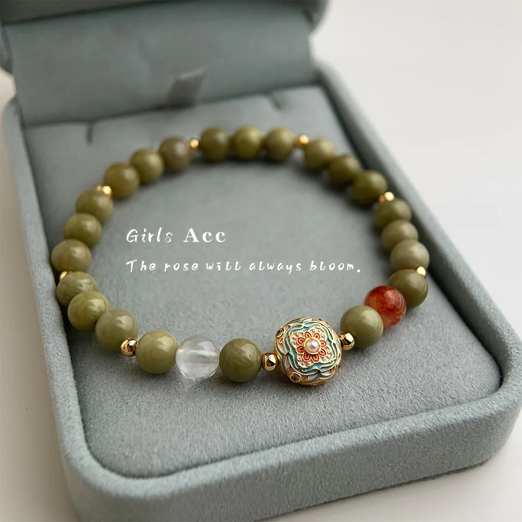 New Chinese Style Natural Stone Beads Bracelet Avocado Green Drip Oil Painting Handmade Alashan Lucky Charm Best Seller
