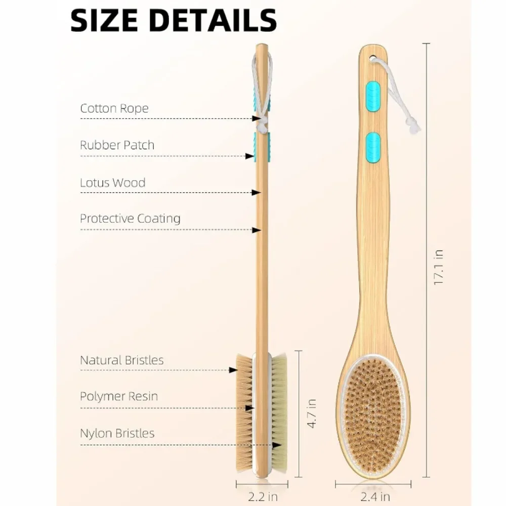 Natural Bristle Back Scrubber Shower Brush Wooden Long Handle Wet Dry Body SPA Brush Skin Exfoliating Body Massage Cleaning Tool