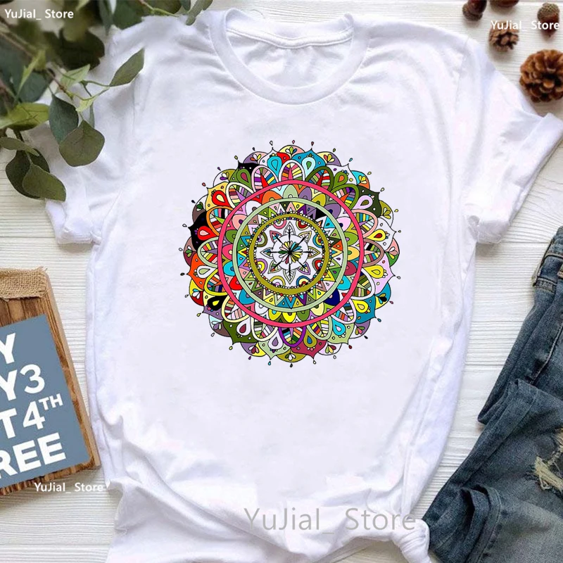 Rainbow Mandala Meditation Print Tshirt Women Clothes 2024 Floral Beauty Yoga T Shirt Femme Summer Fashion T-Shirt Female