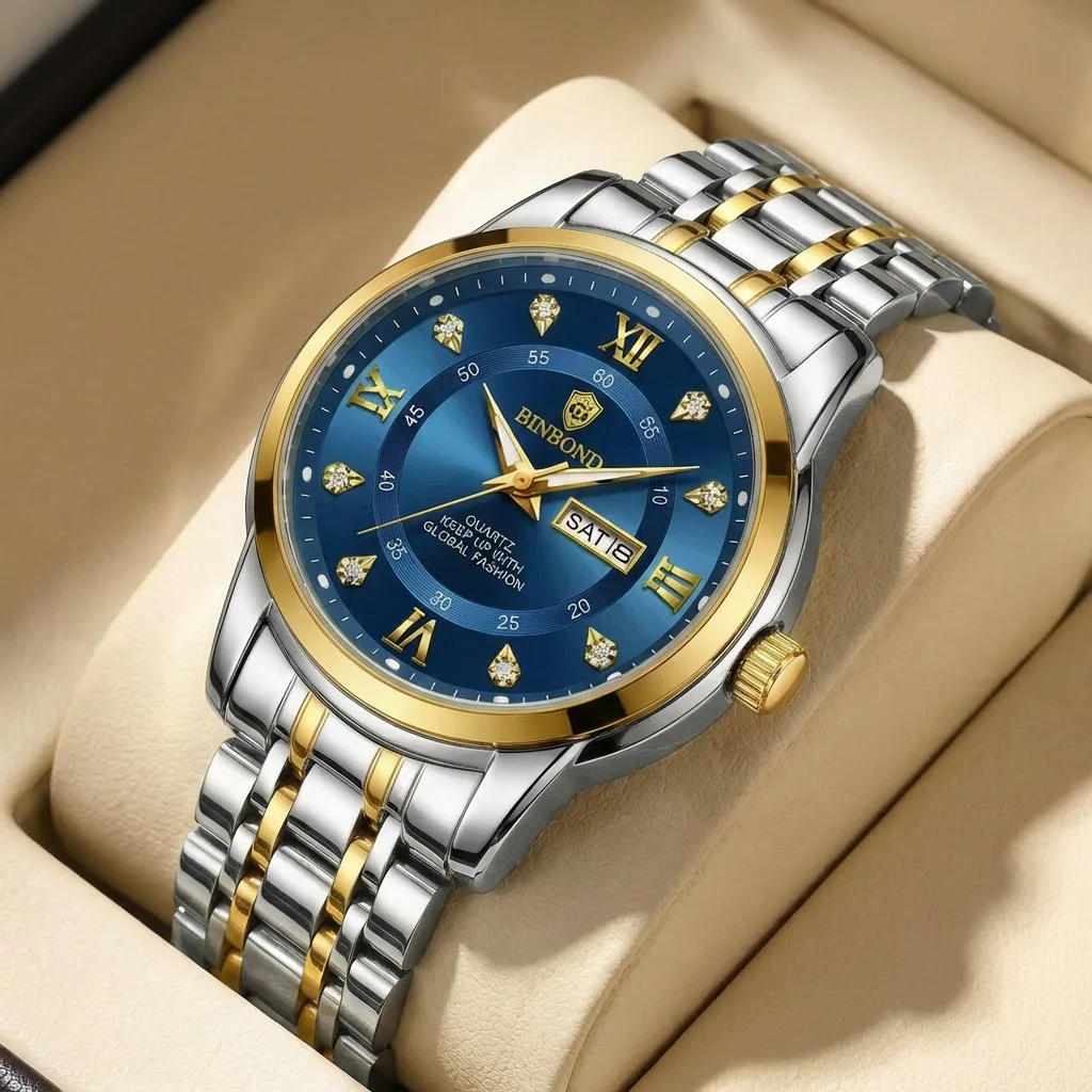 

1 Fashionable Blue Dial Two-Tone Steel Band Roman Numeral Quartz Watch with Day and Date Display, Unisex, Simple
