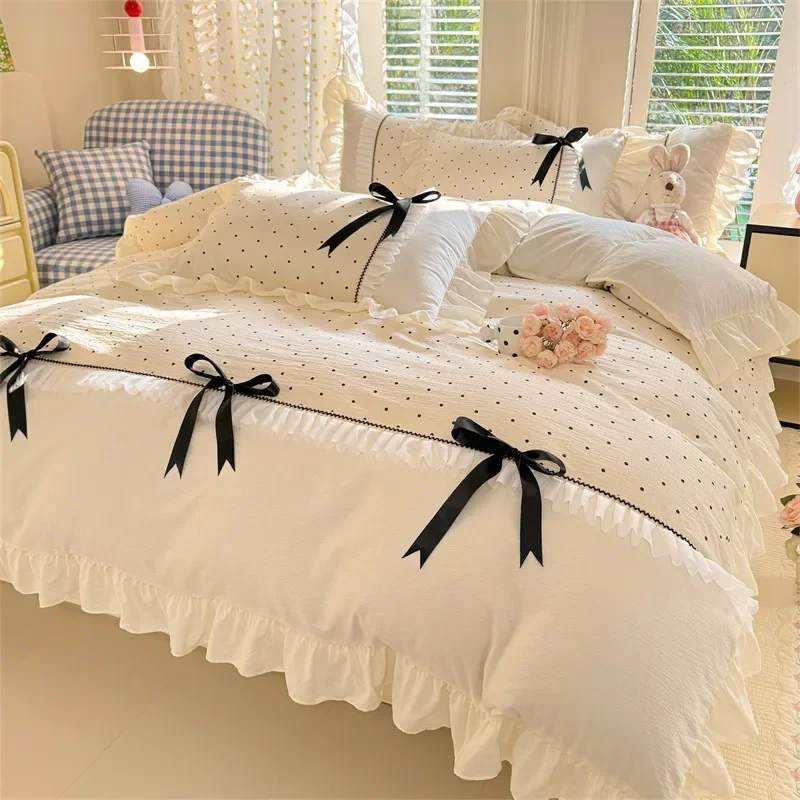 

Korean Style Bedding Set Polka Dot White Duvet Cover Princess Lace for Kids Girls Bedroom Decor Birthday Gift for Daughter
