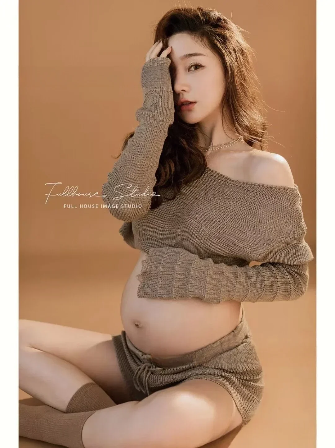 Women Photography Props Khaki Knit Maternity Dresses Pregnancy Full Sleeve Top with SkirtSet Studio Photoshoot Clothes