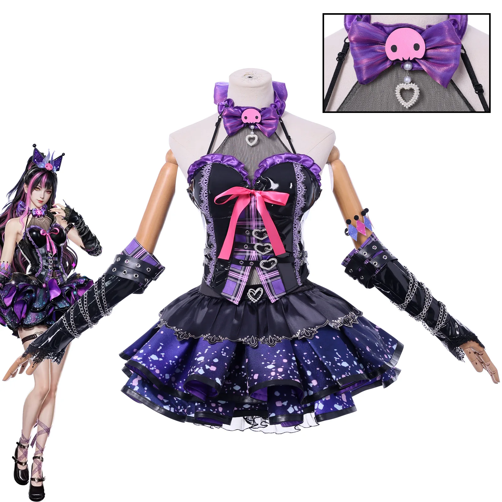 In Stock Tessa Cosplay Game Naraka Cosplay Costume Devil Lolita Purple Kuromi Dress Wig Set Halloween Party for Woman Girl suit