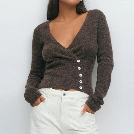 Stilvolle vielseitige kurze Strickjacke Slim Fit Vintage Sexy Deep V Winter Strickkleidung Mode lässig schick Herbst weibliche Strickoberteile