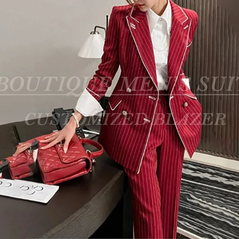 

Formal Red Pinstripe Women Suits Clothing Elegant Double Breasted Peak Lapel Slim Fit 2 Piece Jacket Pants High Quality Blazer